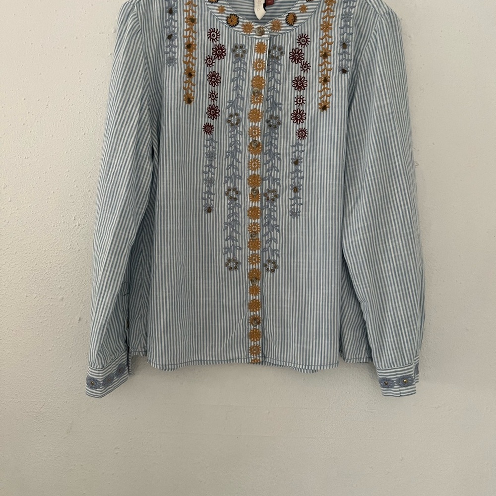 Pilcro Blue & White Striped Embroidered Peasant Top